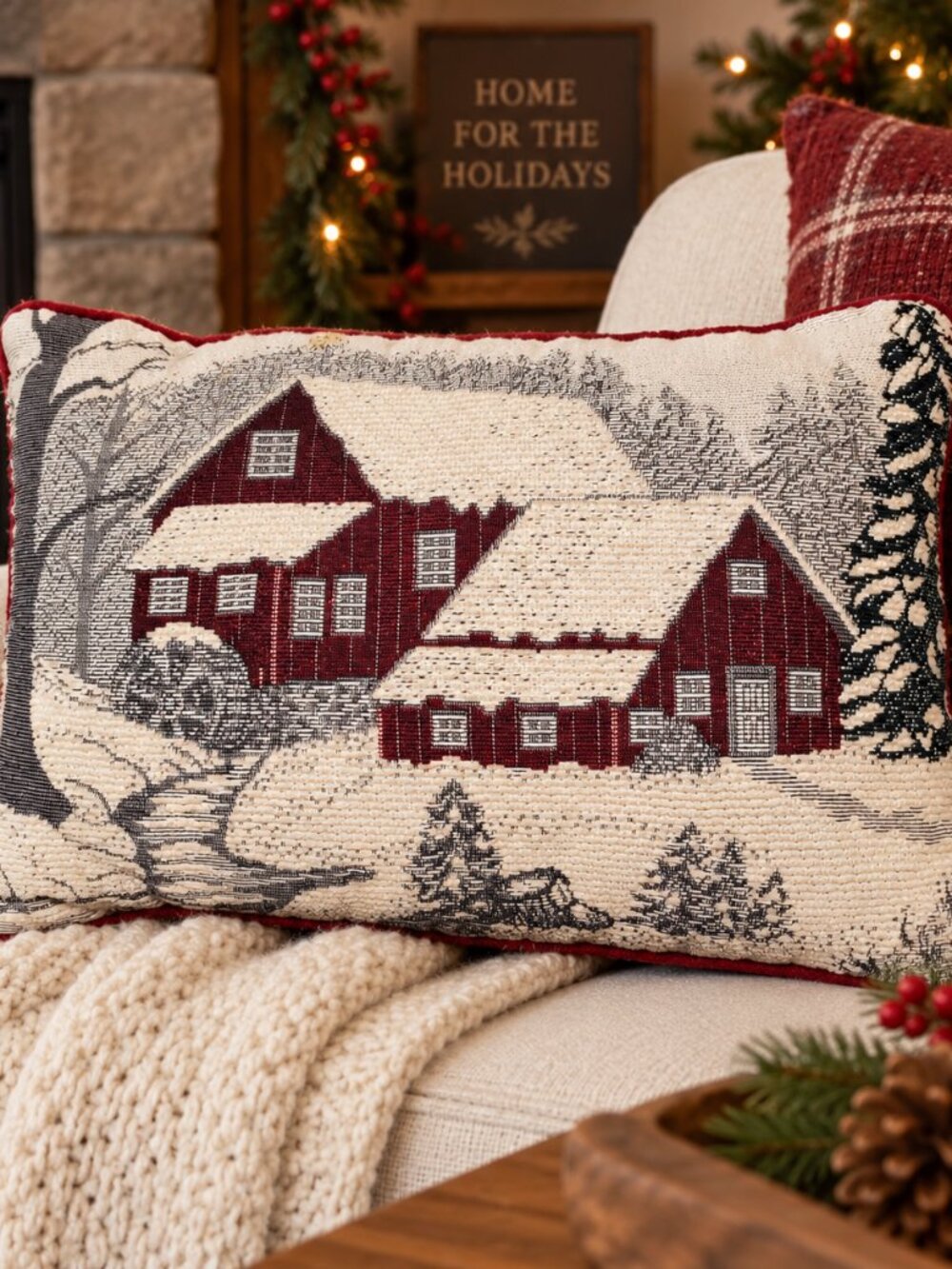 Vintage Holiday Christmas Lodge Cabin Scene Tapestry 11x16" Pillow